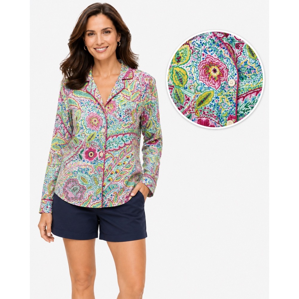 Lauren Ralph Lauren Women Paisley‎ Floral Cotton Pajama Sleep Top Pink Multi M